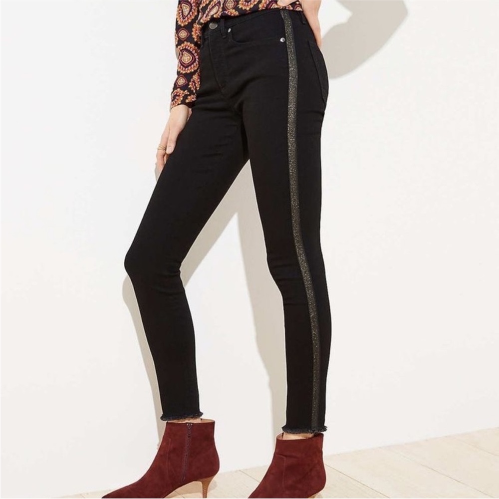 LOFT Gold Shimmer Metallic Side Stripe Black Stretchy Slimming Skinny Jeans 25